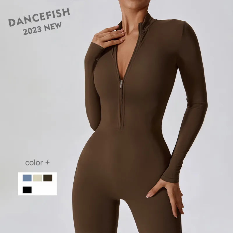 Women Zipper Nude Long Sleeve Onepiece