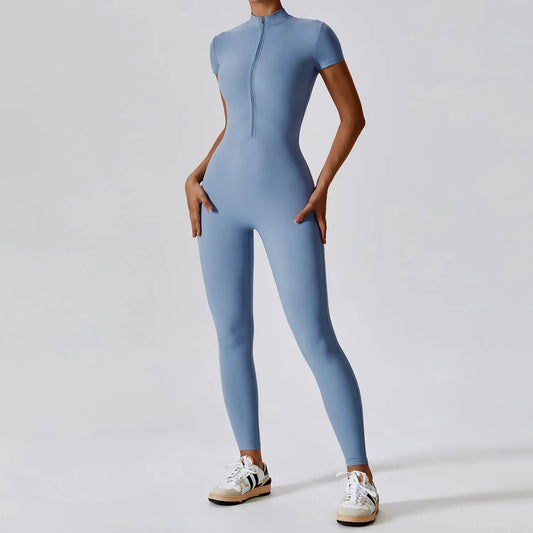 Yoga Bodysuit Zipper Short Sleeve Women's Jumpsuits