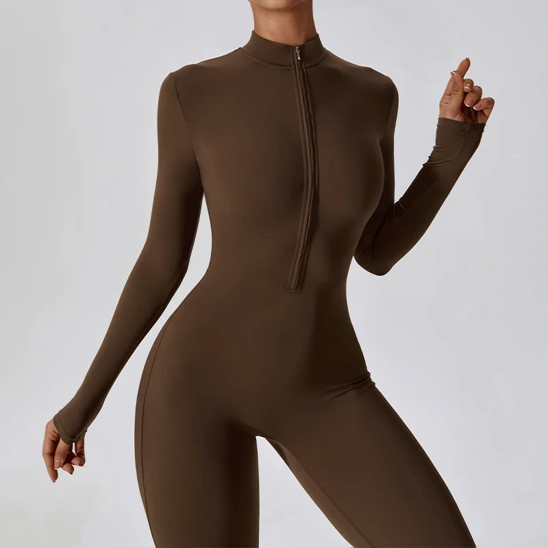 Women Zipper Nude Long Sleeve Onepiece