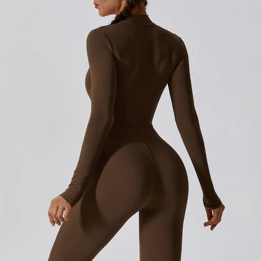 Women Zipper Nude Long Sleeve Onepiece