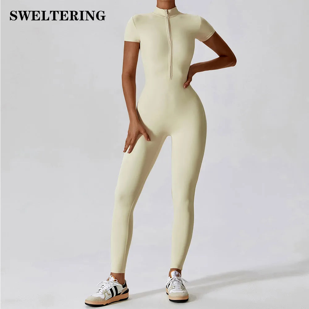 Yoga Bodysuit Zipper Short Sleeve Women's Jumpsuits