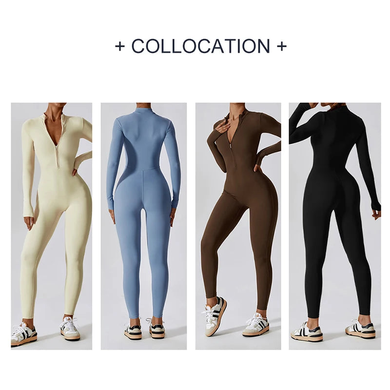 Women Zipper Nude Long Sleeve Onepiece
