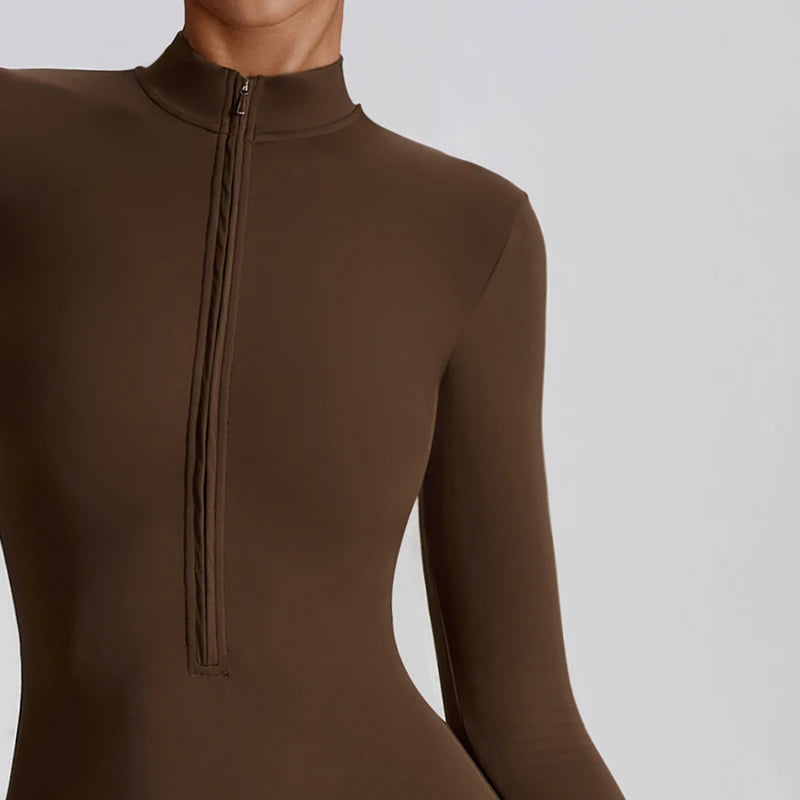 Women Zipper Nude Long Sleeve Onepiece